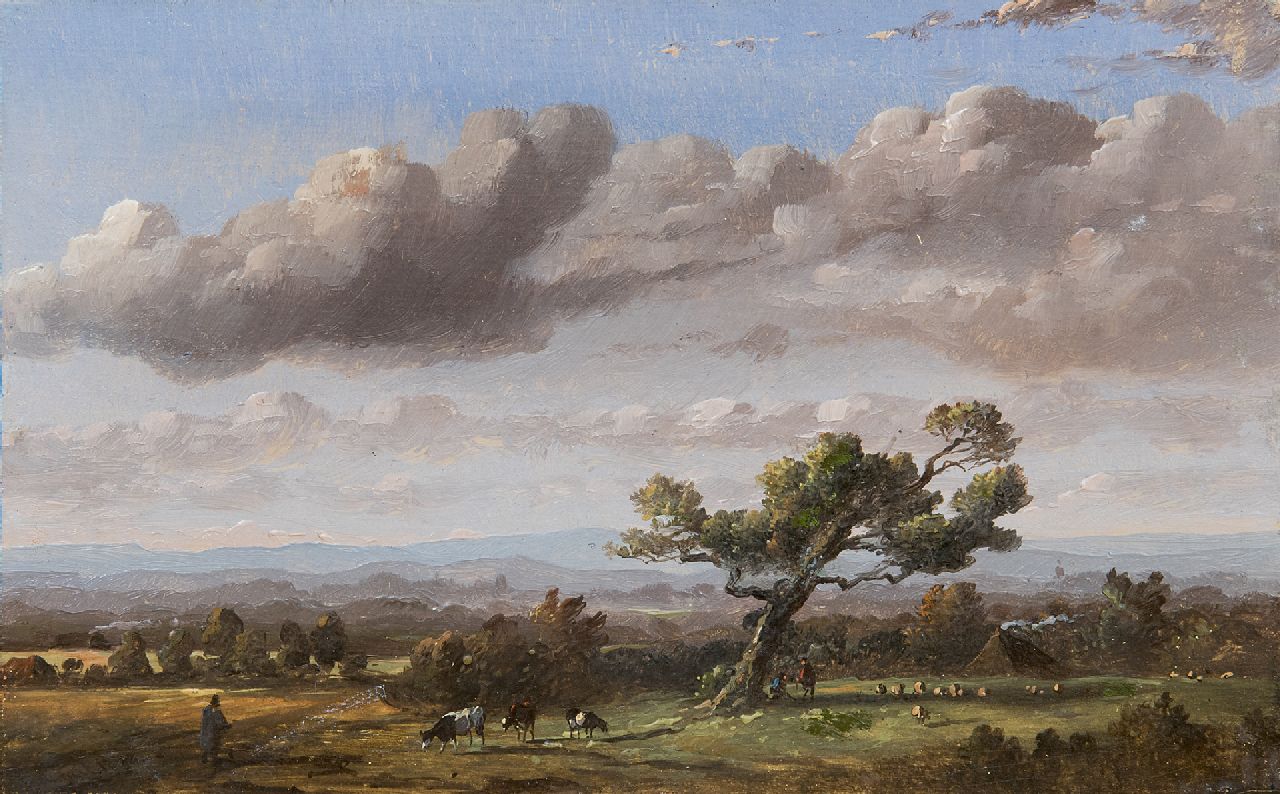 Tavenraat J.  | Johannes Tavenraat, Hilly landscape with tree, oil on panel 10.9 x 17.4 cm, signed l.l. and dated 1848