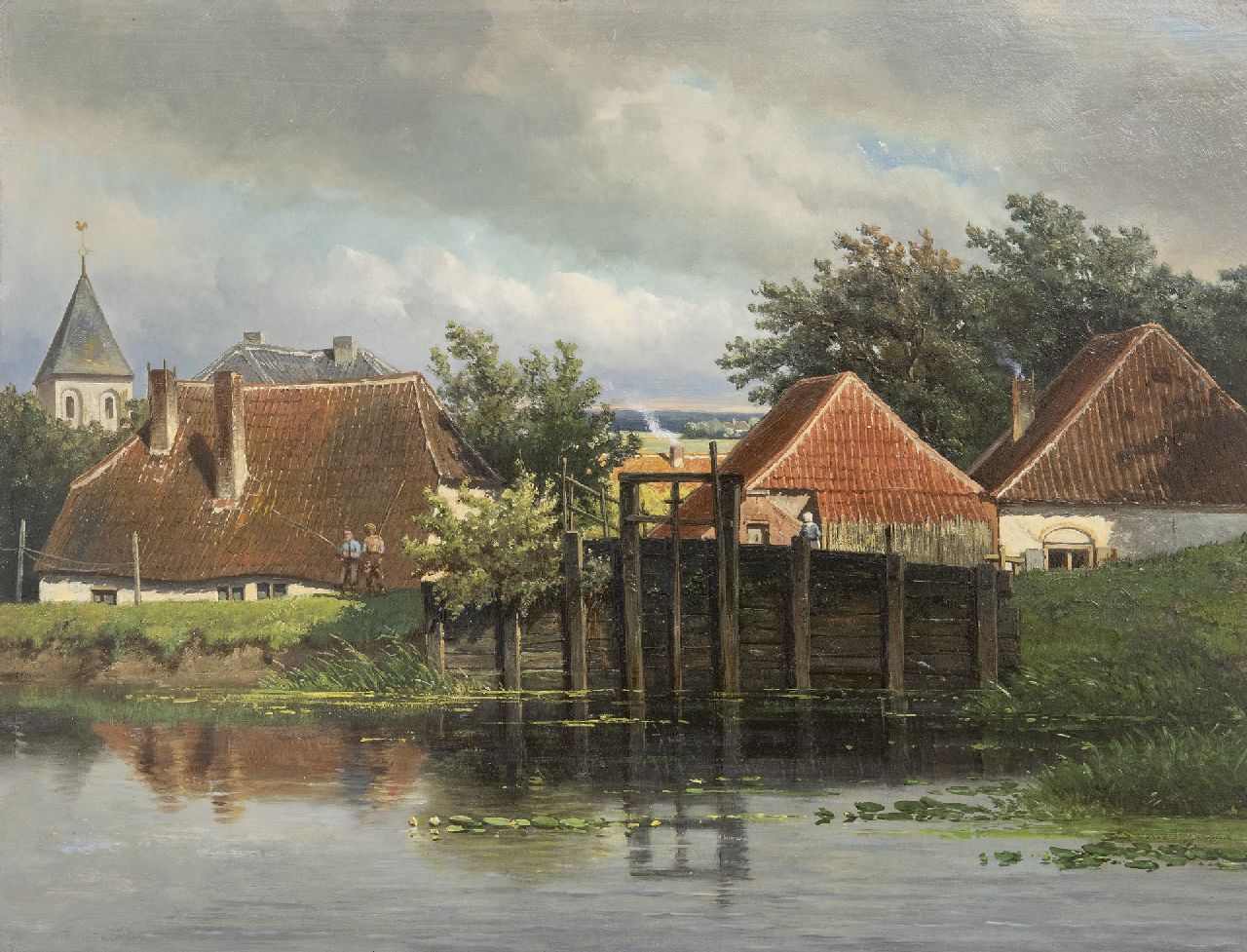 Weissenbruch J.  | Johannes 'Jan' Weissenbruch, A view of a village with a lock and two fishing boys, oil on panel 35.4 x 46.7 cm