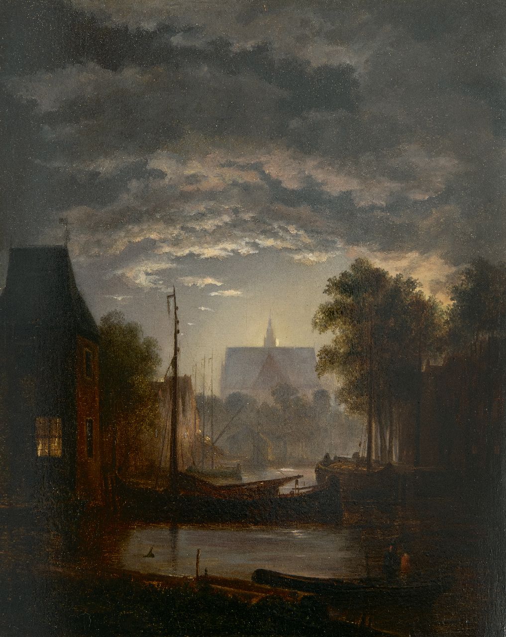 Abels J.Th.  | 'Jacobus' Theodorus Abels | Paintings offered for sale | A moonlit town harbour, oil on panel 29.7 x 23.6 cm