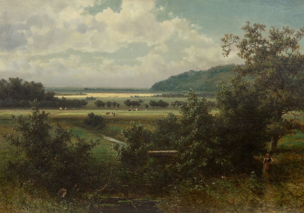 Destrée J.J.  | Johannes Josephus Destrée, Flood plains along the river Rhine near the Grebbeberg, oil on canvas 70.2 x 100.0 cm, signed l.r. and dated 1865