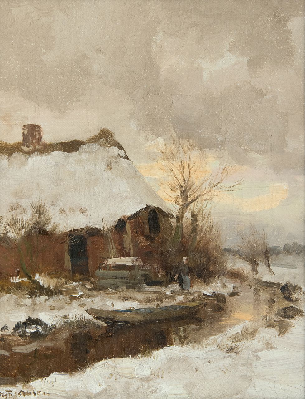 Jansen W.G.F.  | 'Willem' George Frederik Jansen, Farmhouse in the snow, oil on canvas 30.5 x 24.5 cm, signed l.l.
