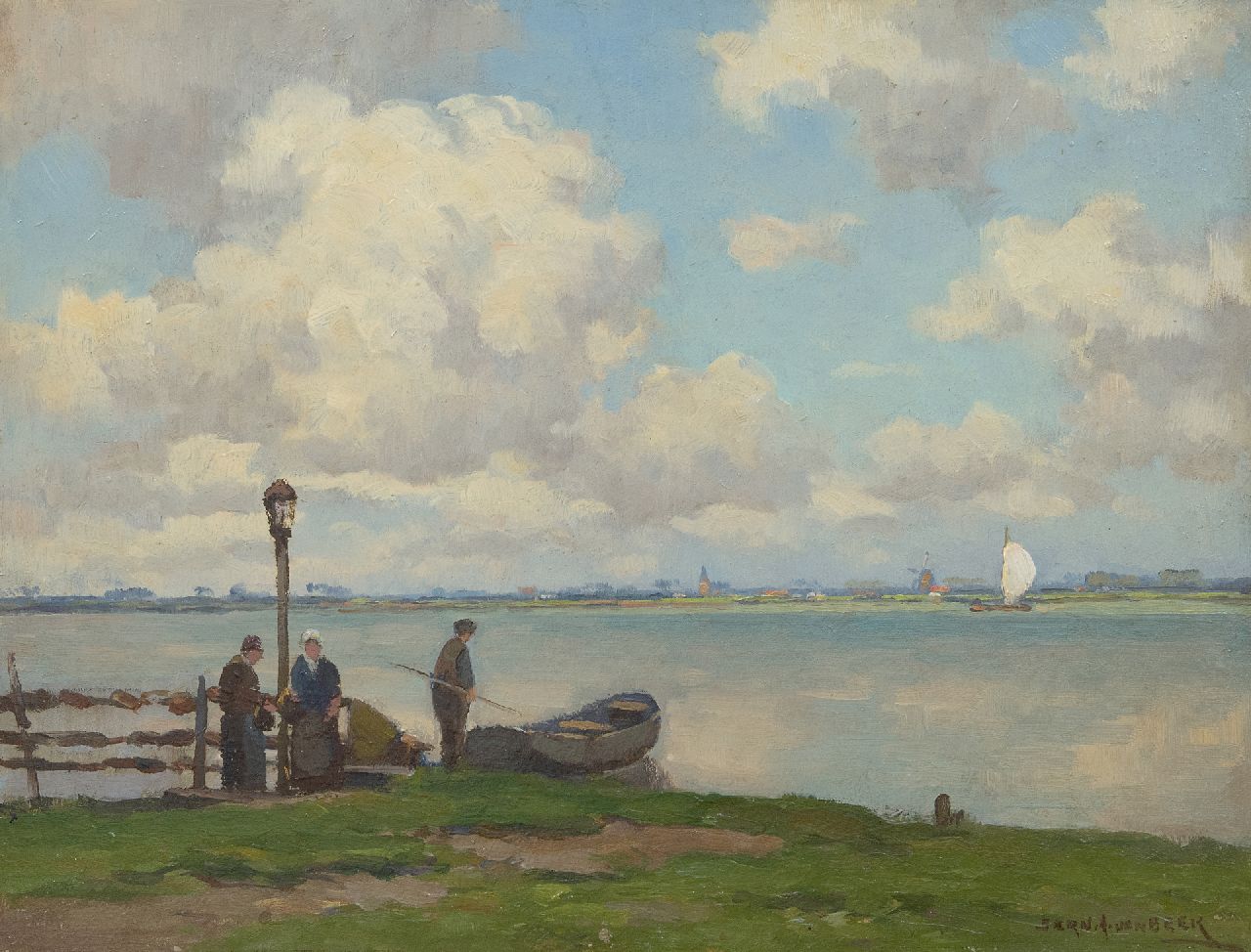 Beek B.A. van | Bernardus Antonie van Beek, An extensive river landscape with a ferry, oil on board 30.1 x 39.5 cm, signed l.r.