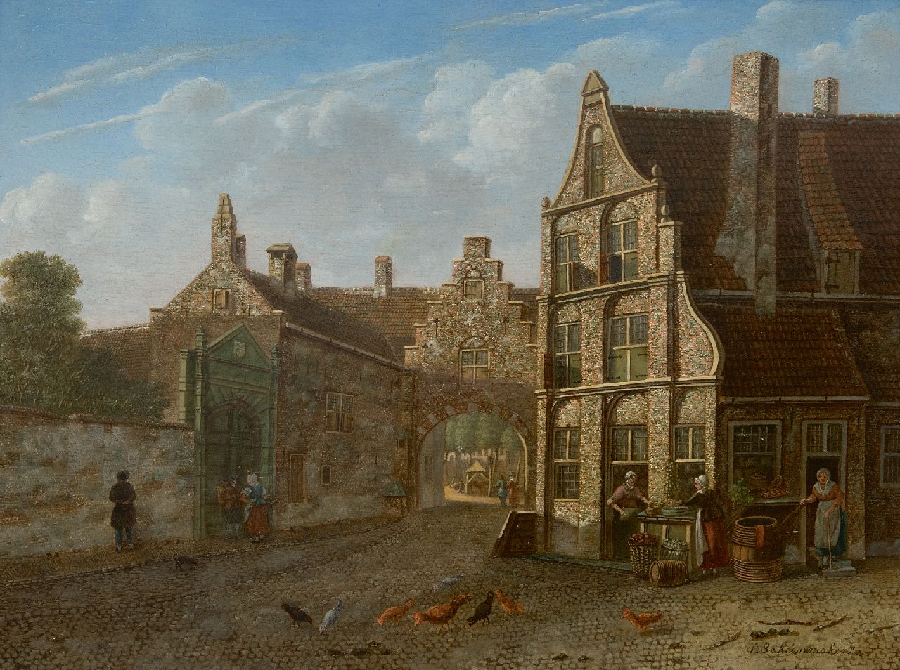 Johannes Schoenmaker Pzn | A town view with vegetable sellers, oil on panel, 31.9 x 42.8 cm, signed l.r.