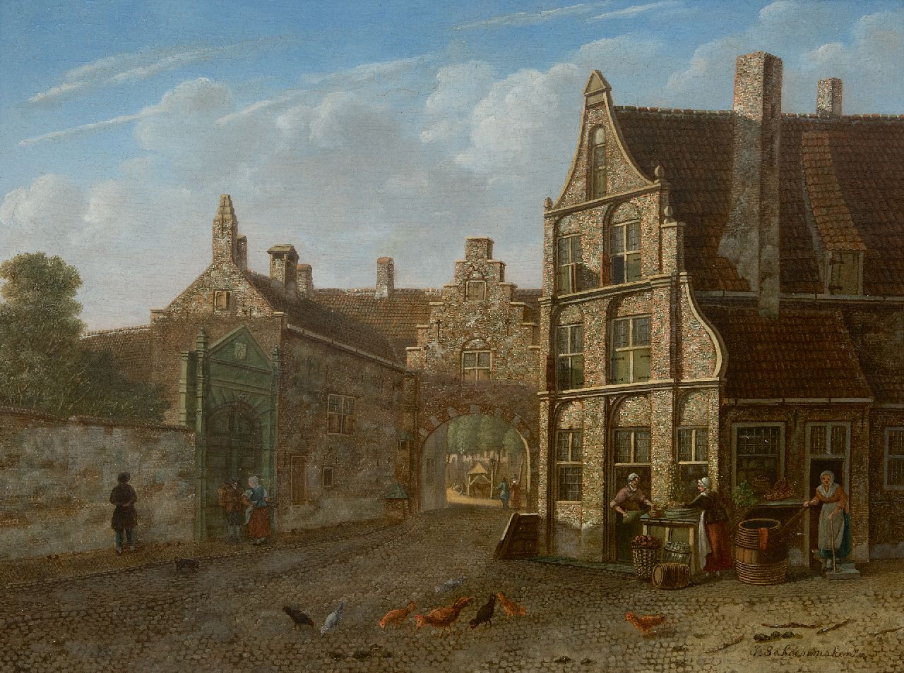 Johannes Schoenmaker Pzn | A town view with vegetable sellers, oil on panel, 31.9 x 42.8 cm, signed l.r.