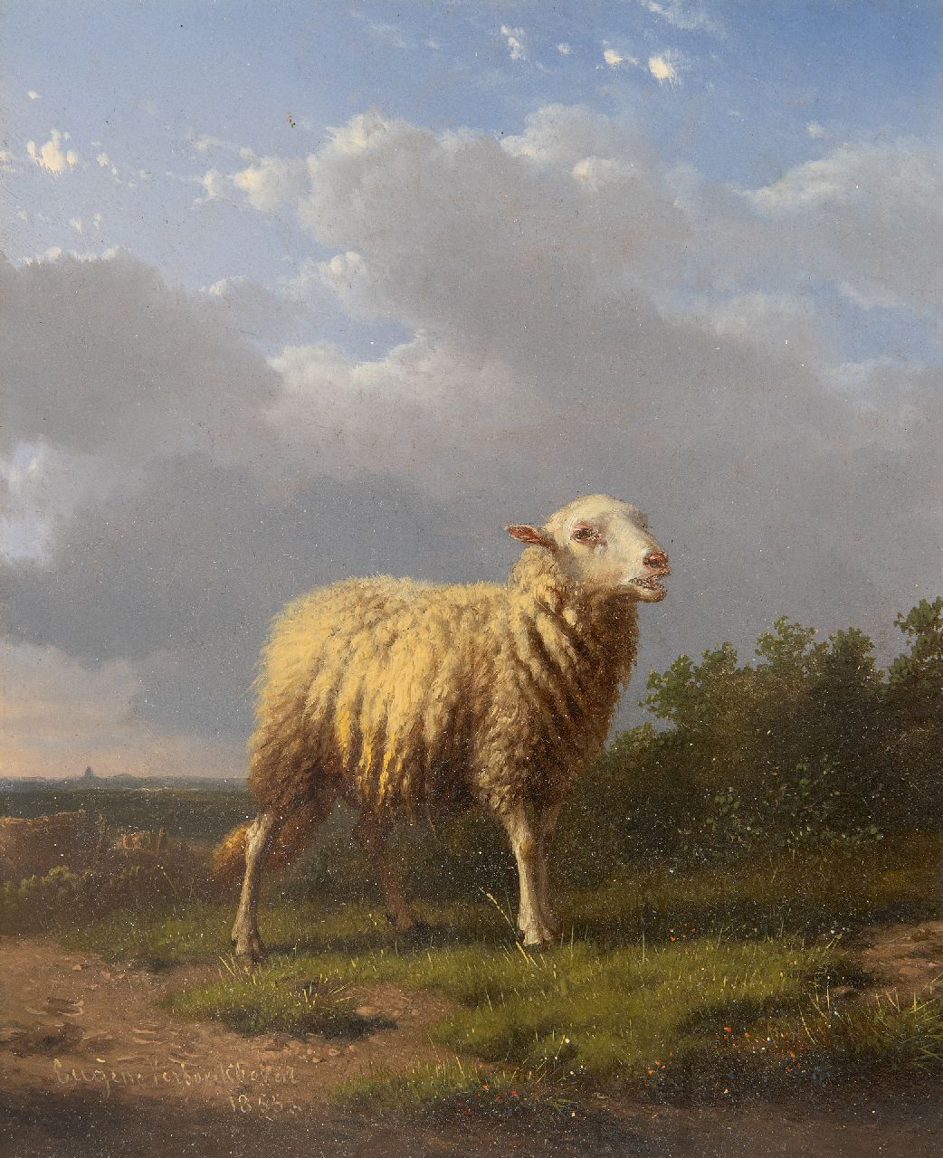 Verboeckhoven E.J.  | Eugène Joseph Verboeckhoven | Paintings offered for sale | A sheep in a landscape, oil on panel 17.6 x 14.4 cm, signed l.l. and dated 1855
