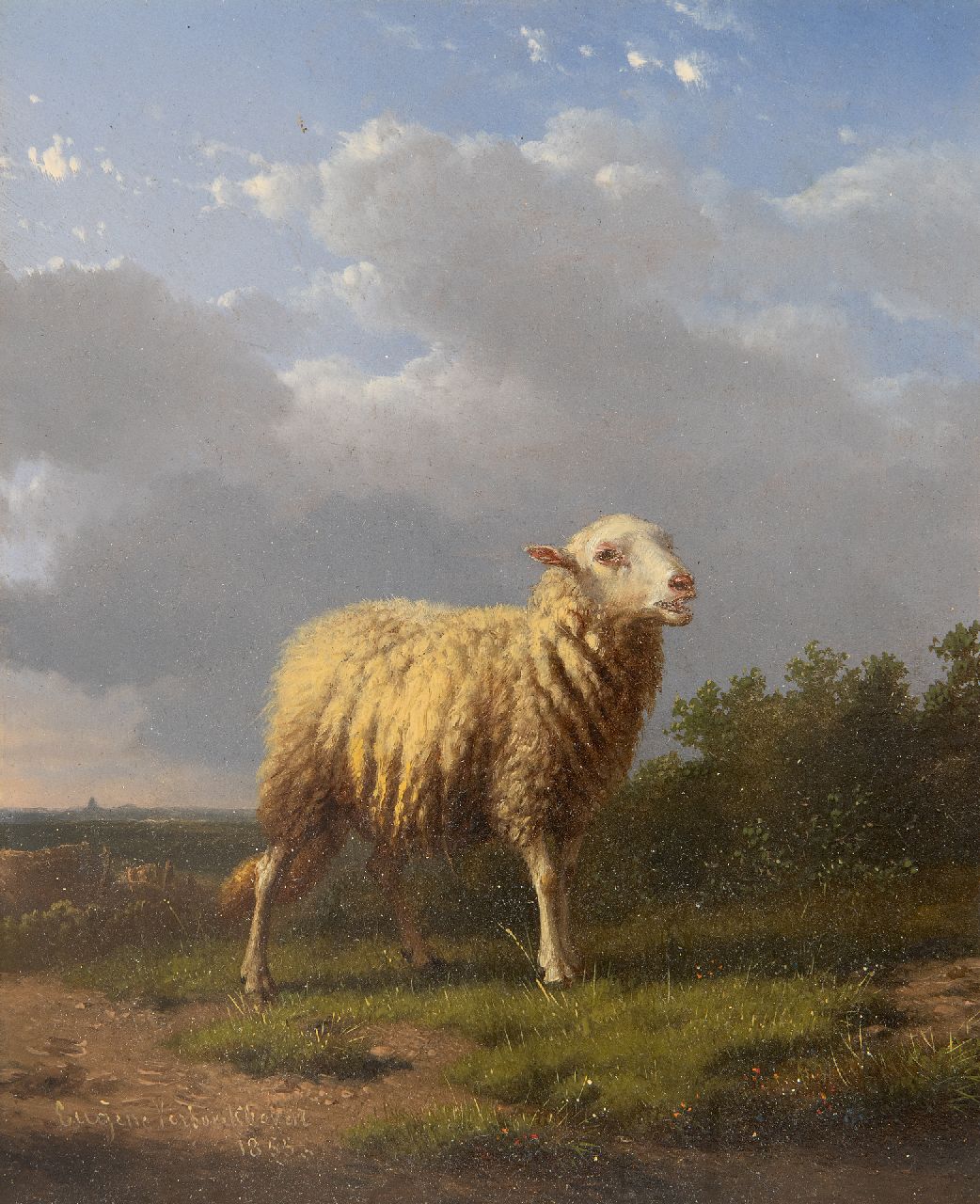 Verboeckhoven E.J.  | Eugène Joseph Verboeckhoven, A sheep in a landscape, oil on panel 17.6 x 14.4 cm, signed l.l. and dated 1855