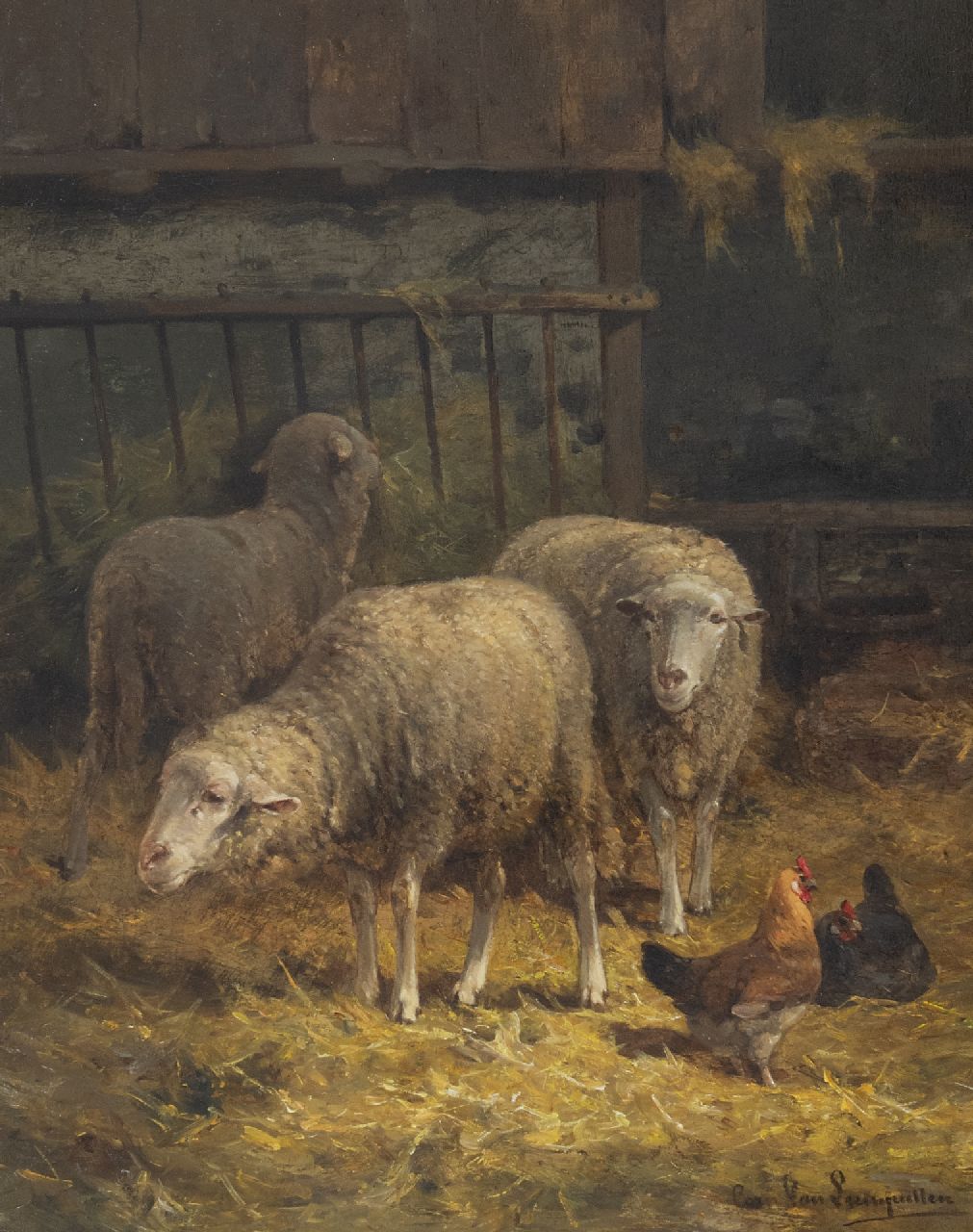 Leemputten C. van | Cornelis van Leemputten | Paintings offered for sale | sheep in the barn, oil on panel 40.0 x 31.7 cm, signed l.r.