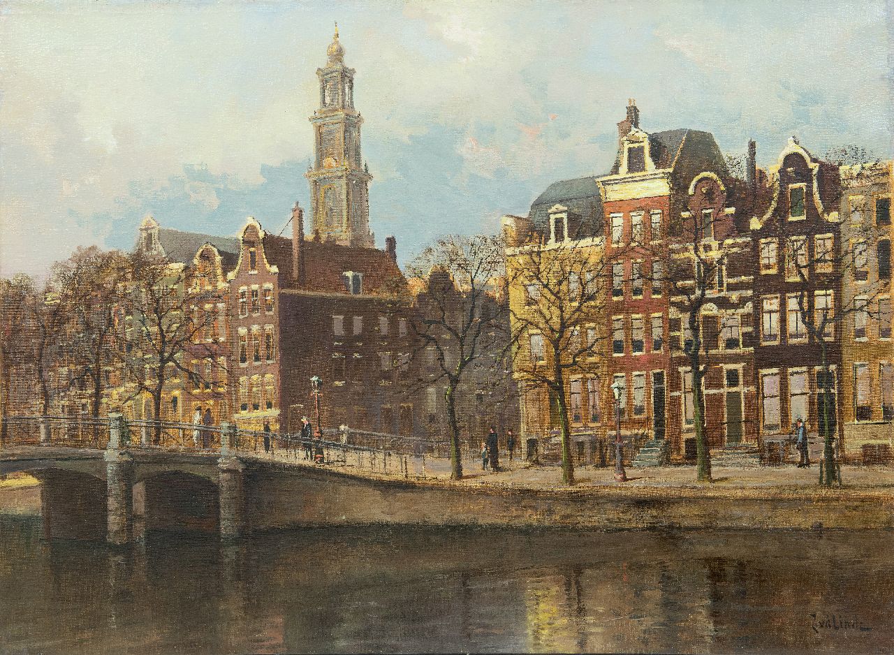 Linde J. van der | Jan van der Linde, A view of Amsterdam with the tower of the Westerkerk, oil on canvas 58.5 x 79.4 cm, signed l.r.