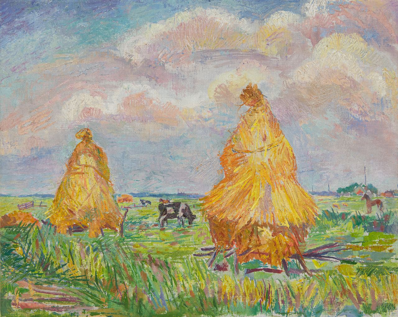 Pijpers E.E.  | 'Edith' Elizabeth Pijpers, Haystacks in a field, oil on canvas 36.9 x 45.8 cm