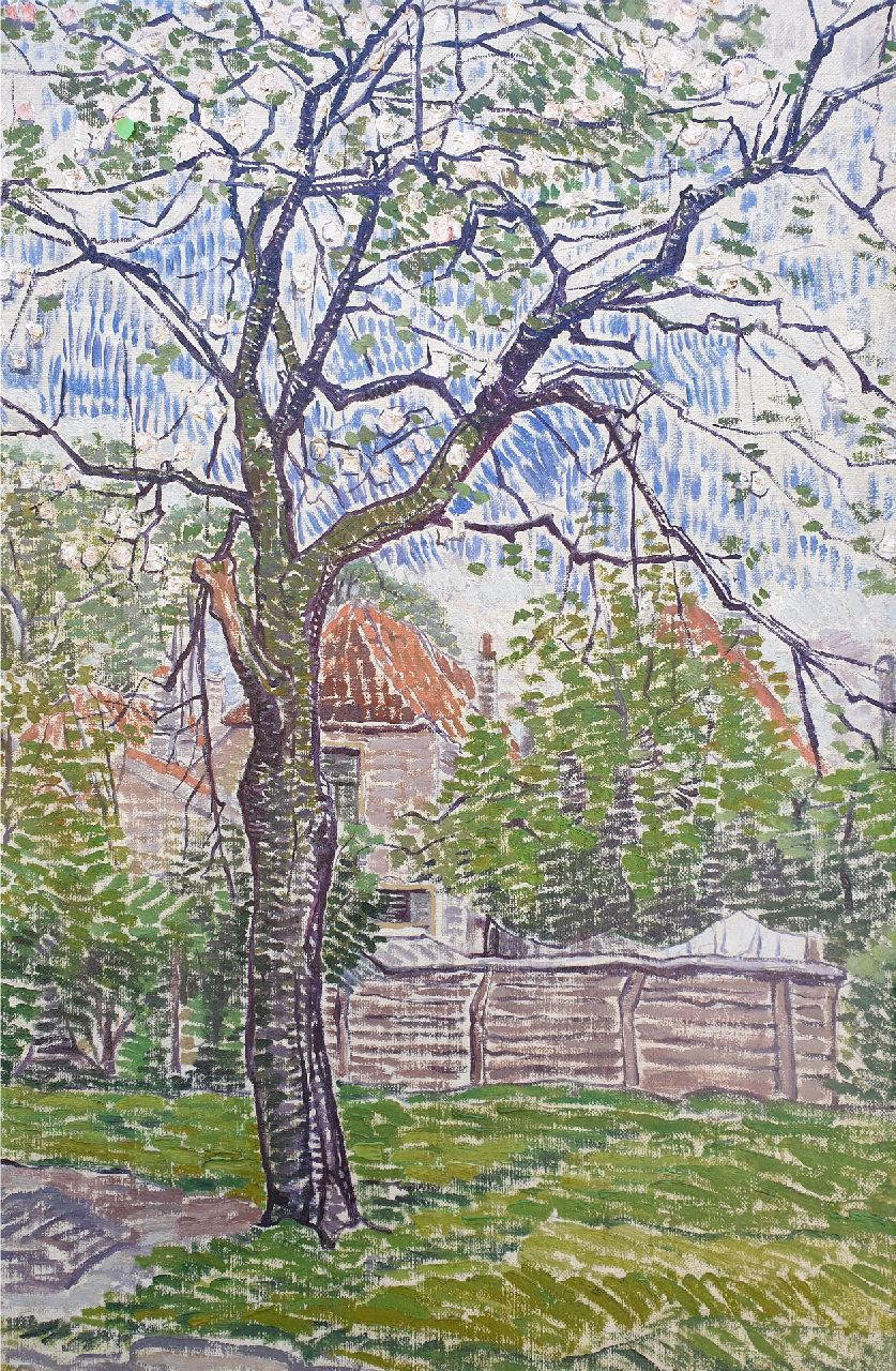 Pijpers E.E.  | 'Edith' Elizabeth Pijpers, Garden with apple tree in bloom, oil on canvas 54.7 x 36.8 cm