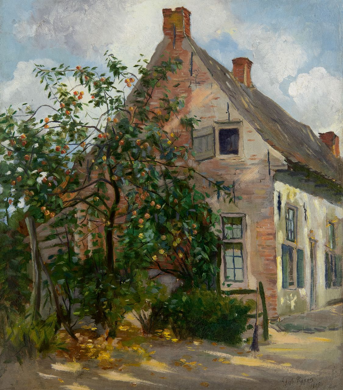 Pijpers E.E.  | 'Edith' Elizabeth Pijpers | Paintings offered for sale | Apple tree near a house, oil on canvas 45.2 x 40.4 cm, signed l.r. and dated 1915