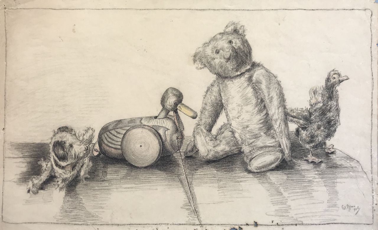Pijpers E.E.  | 'Edith' Elizabeth Pijpers | Watercolours and drawings offered for sale | Toy animals, chalk on paper 40.1 x 64.7 cm, signed l.r. and dated 1906