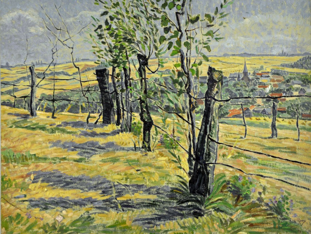 Pijpers E.E.  | 'Edith' Elizabeth Pijpers, Hilly landscape with a village in the distance, oil on paper 37.1 x 48.5 cm, signed l.r.
