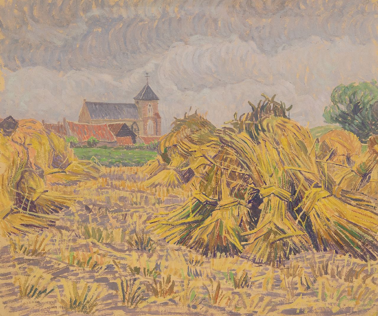 Pijpers E.E.  | 'Edith' Elizabeth Pijpers | Paintings offered for sale | A village church betweencornfields, oil on paper 38.1 x 48.5 cm, signed l.r.