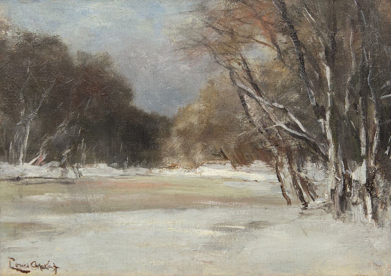 Apol L.F.H.  | Lodewijk Franciscus Hendrik 'Louis' Apol, A snowy forest pond, oil on canvas laid down on panel 25.6 x 35.8 cm, signed l.l.