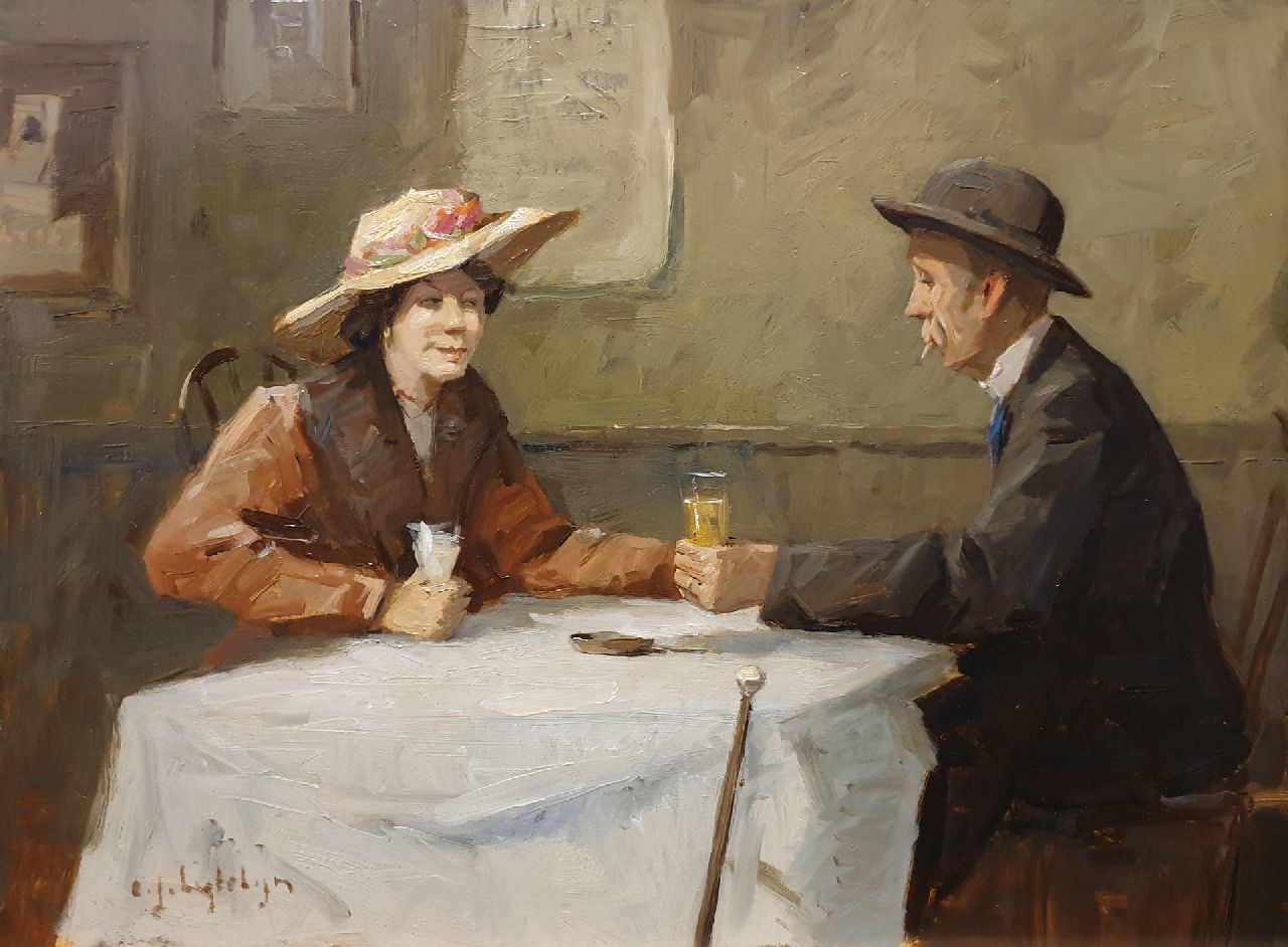 Ligtelijn E.J.  | Evert Jan Ligtelijn, Man and woman in a café, oil on panel 34.9 x 46.8 cm, signed l.l.