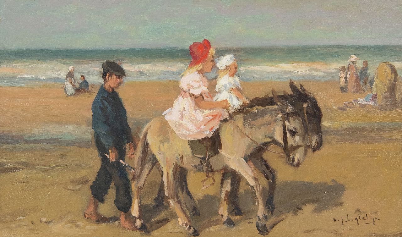 Ligtelijn E.J.  | Evert Jan Ligtelijn | Paintings offered for sale | A donkey ride on the beach, oil on panel 23.9 x 40.3 cm, signed l.r.