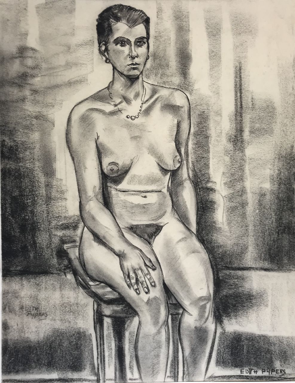 Pijpers E.E.  | 'Edith' Elizabeth Pijpers | Watercolours and drawings offered for sale | seated nude, charcoal on paper 45.0 x 36.5 cm, signed l.l. and l.r.