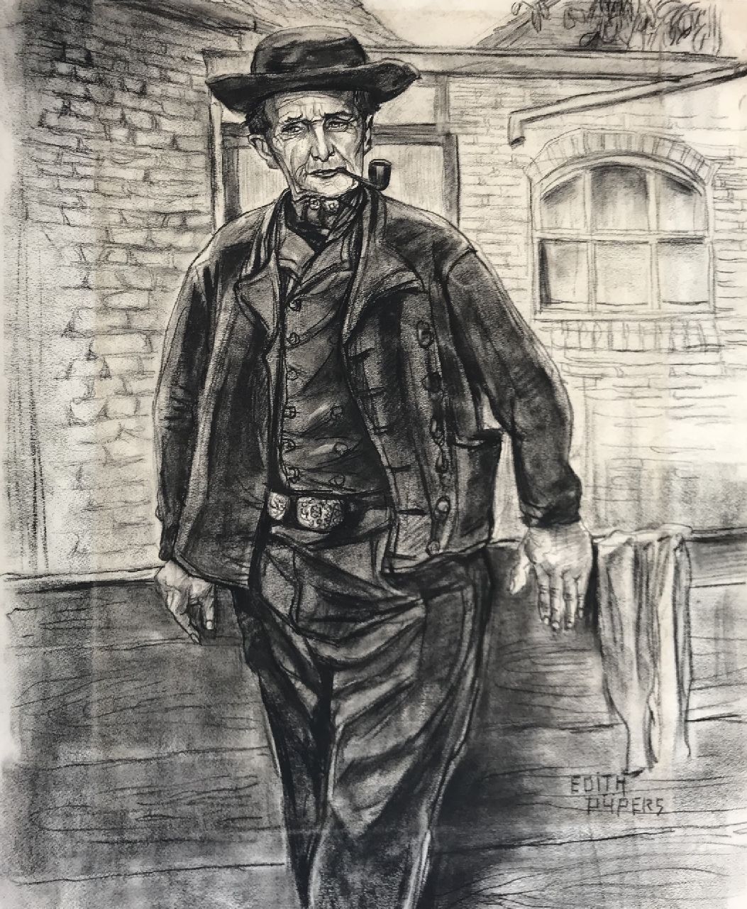 Pijpers E.E.  | 'Edith' Elizabeth Pijpers | Watercolours and drawings offered for sale | Portrait of a farmer, charcoal on paper 60.2 x 49.9 cm, signed l.r.