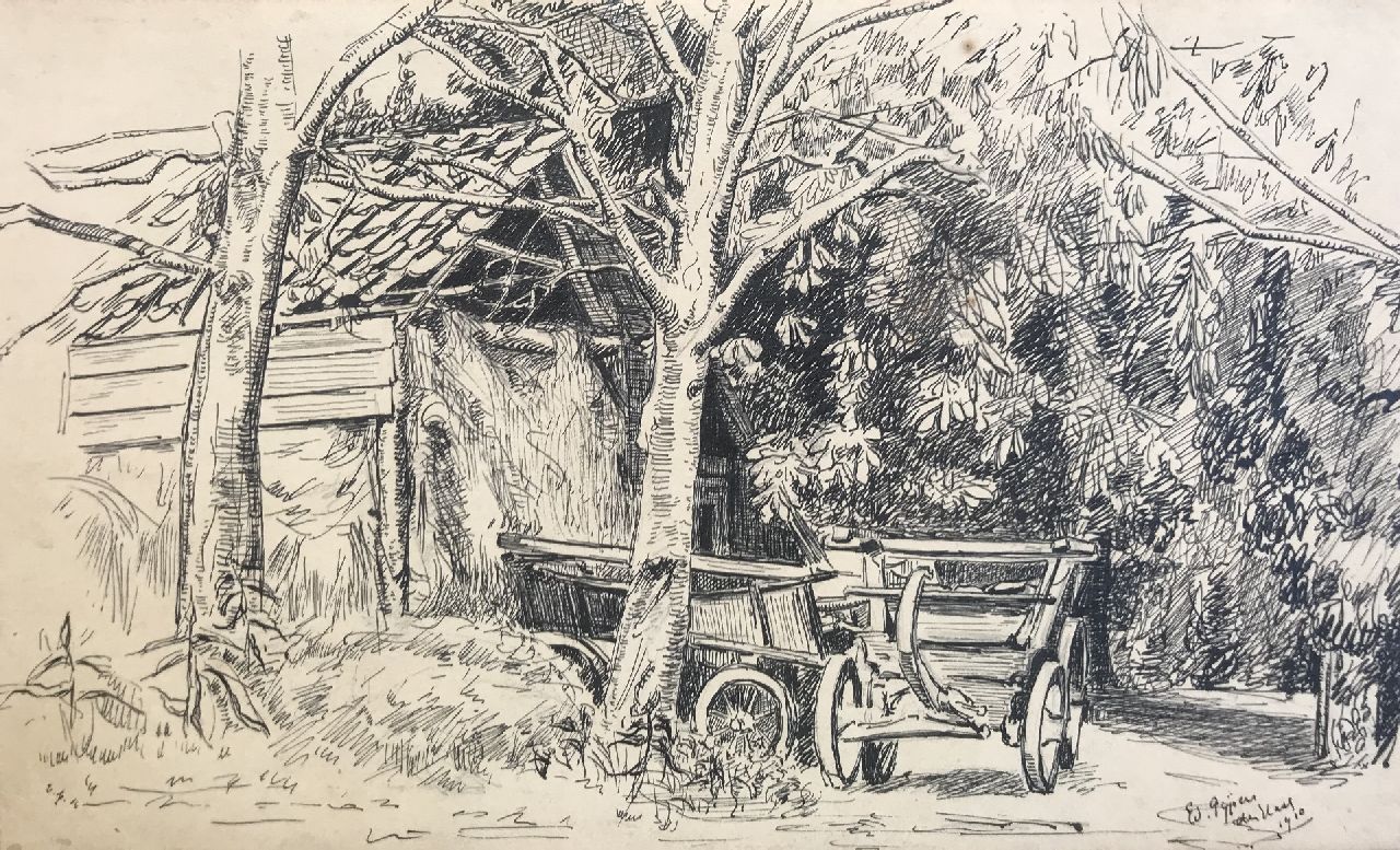 Pijpers E.E.  | 'Edith' Elizabeth Pijpers | Watercolours and drawings offered for sale | Horse carriages on a farmyard, pen on paper 14.6 x 24.0 cm, signed l.r. and dated 'Den Haag' 1910