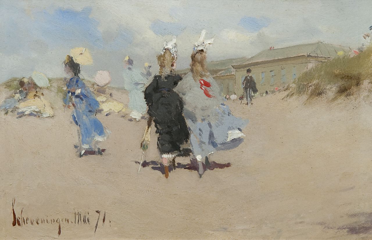 Kaemmerer F.H.  | Frederik Hendrik Kaemmerer, Elegant ladies at Scheveningen beach, oil on board 15.5 x 24.0 cm, signed l.l. and dated 'Scheveningen' Mai '71