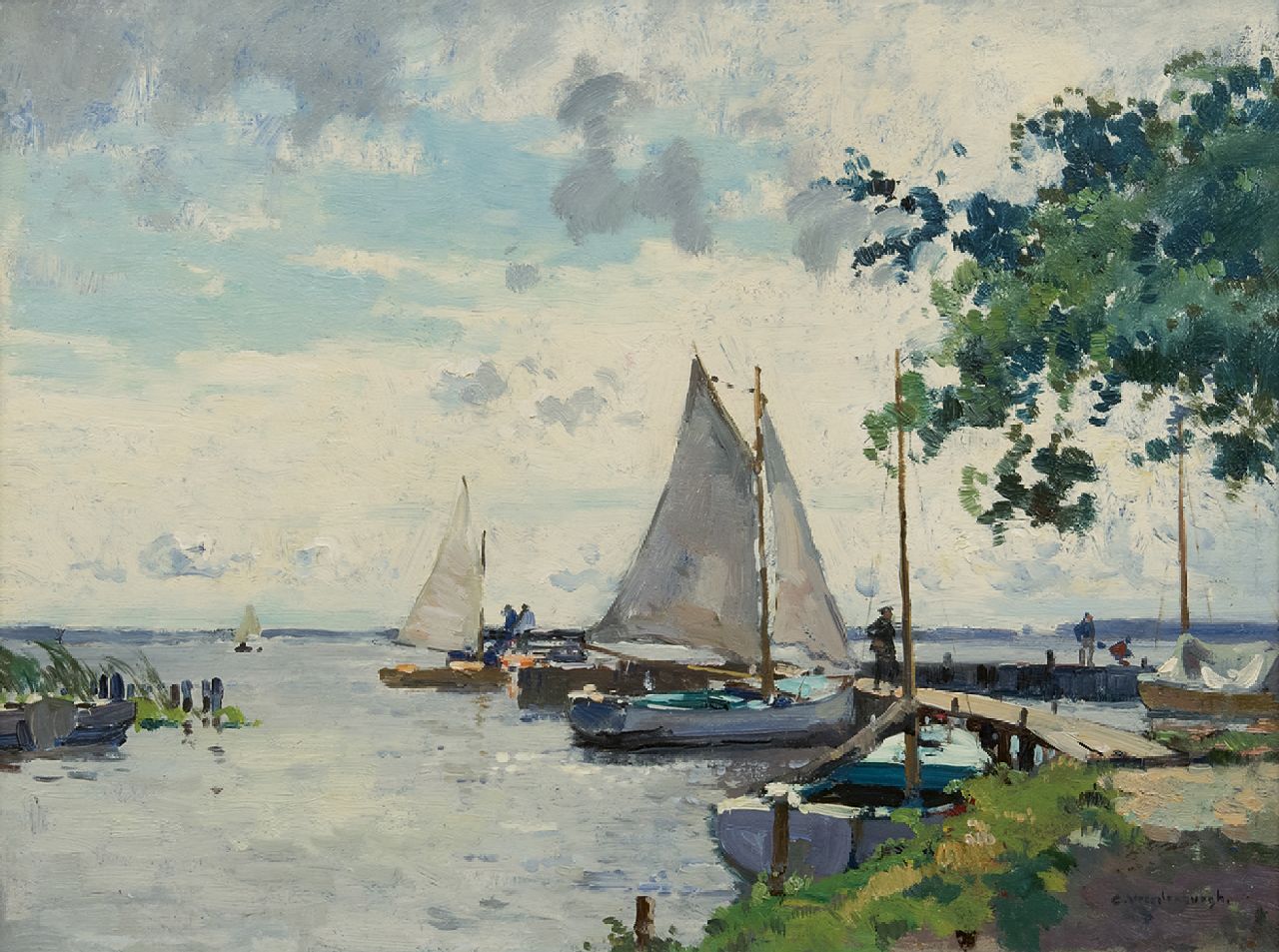 Vreedenburgh C.  | Cornelis Vreedenburgh | Paintings offered for sale | Sailing boats at a jetty on the Loosdrechtse Plassen, oil on board 34.7 x 46.1 cm, signed l.r.