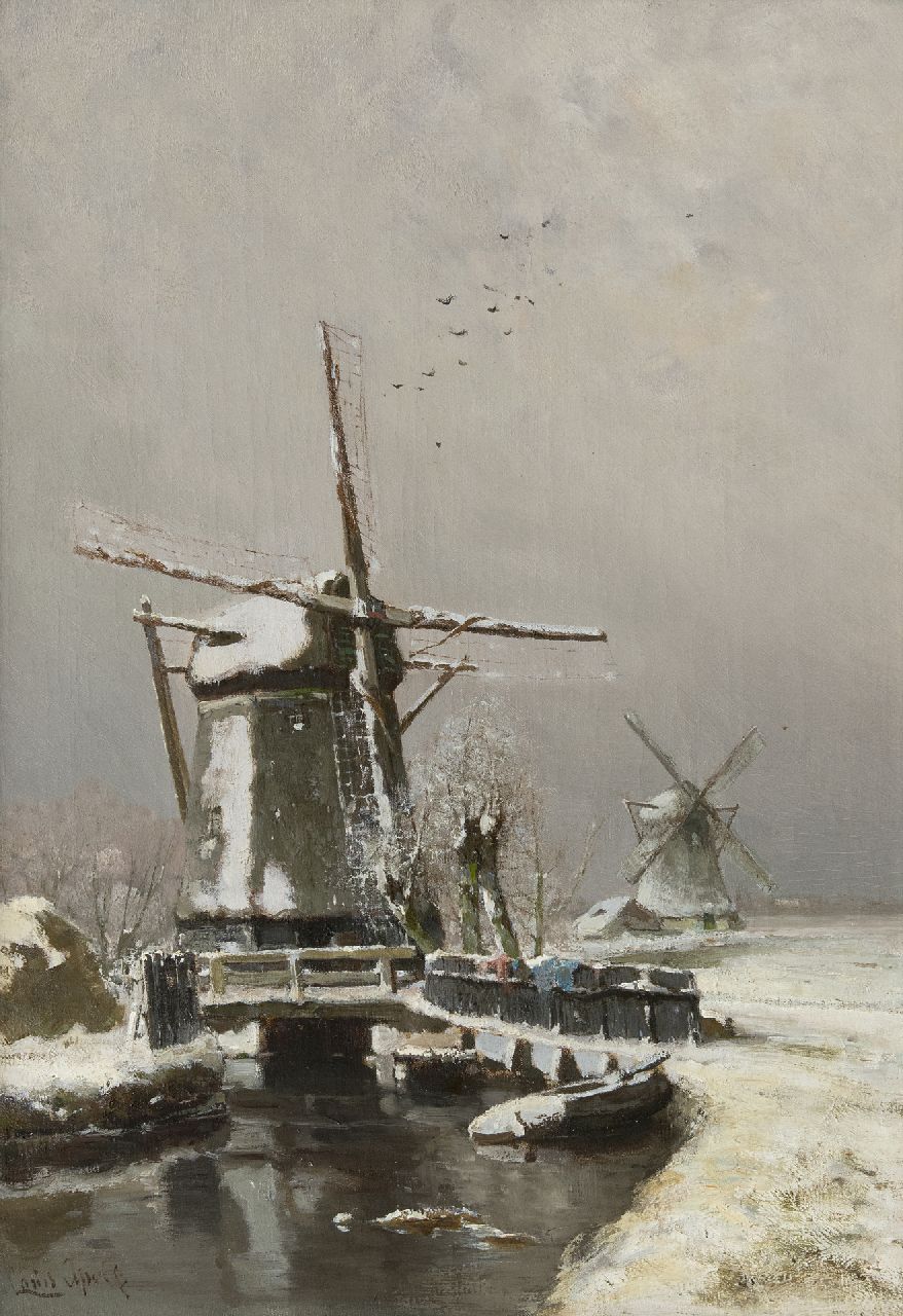 Apol L.F.H.  | Lodewijk Franciscus Hendrik 'Louis' Apol, Windmills in winter, oil on canvas 50.1 x 34.8 cm, signed l.l.