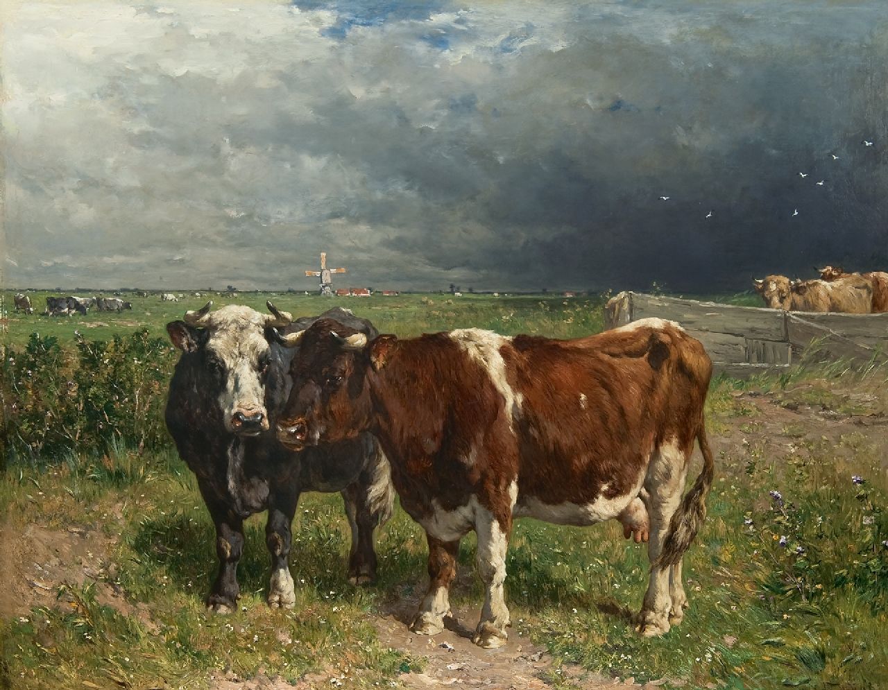 Haas J.H.L. de | Johannes Hubertus Leonardus de Haas, Cattle in a pasture, oil on panel 79.8 x 100.0 cm, signed l.r.