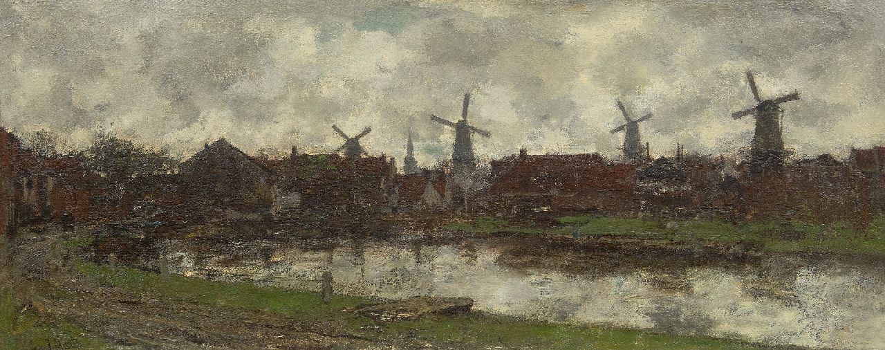 Maris J.H.  | Jacobus Hendricus 'Jacob' Maris, The four windmills, Schiedam, oil on canvas 45.0 x 112.6 cm, signed l.l.