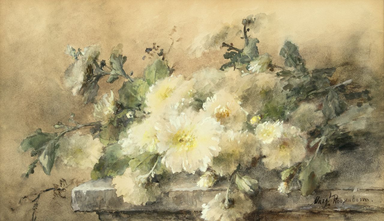 Roosenboom M.C.J.W.H.  | 'Margaretha' Cornelia Johanna Wilhelmina Henriëtta Roosenboom | Watercolours and drawings offered for sale | White chrysanthemums on a stone ledge, watercolour on paper 44.6 x 74.9 cm, signed l.r.