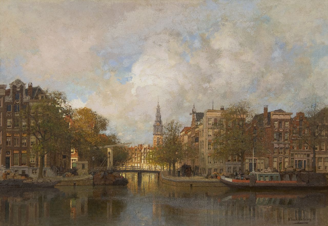 Klinkenberg J.C.K.  | Johannes Christiaan Karel Klinkenberg, A view of the Groenburgwal in Amsterdam and the Zuiderkerk, oil on canvas 70.1 x 100.0 cm, signed l.r.