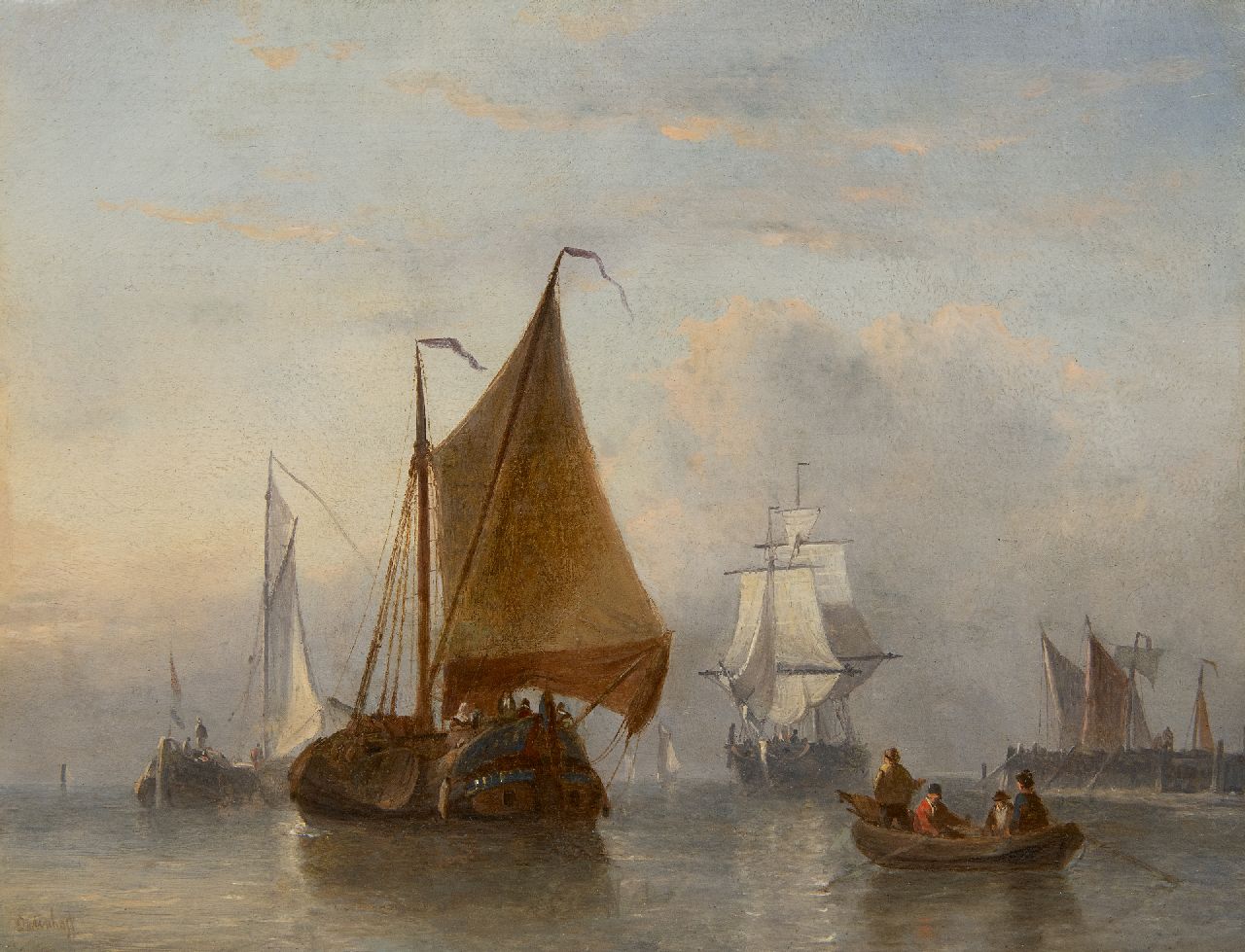 Opdenhoff G.W.  | Witzel 'George Willem' Opdenhoff, Shipping in a calm near a harbour, oil on panel 27.9 x 36.2 cm, signed l.l.