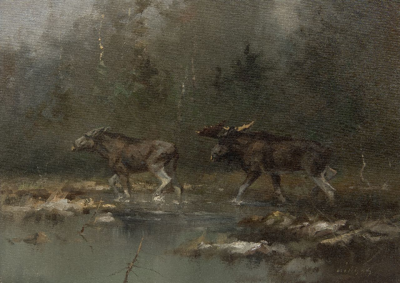 Manfred Schatz | A moose pair along a river, oil on canvas, 40.0 x 55.6 cm, signed l.r.