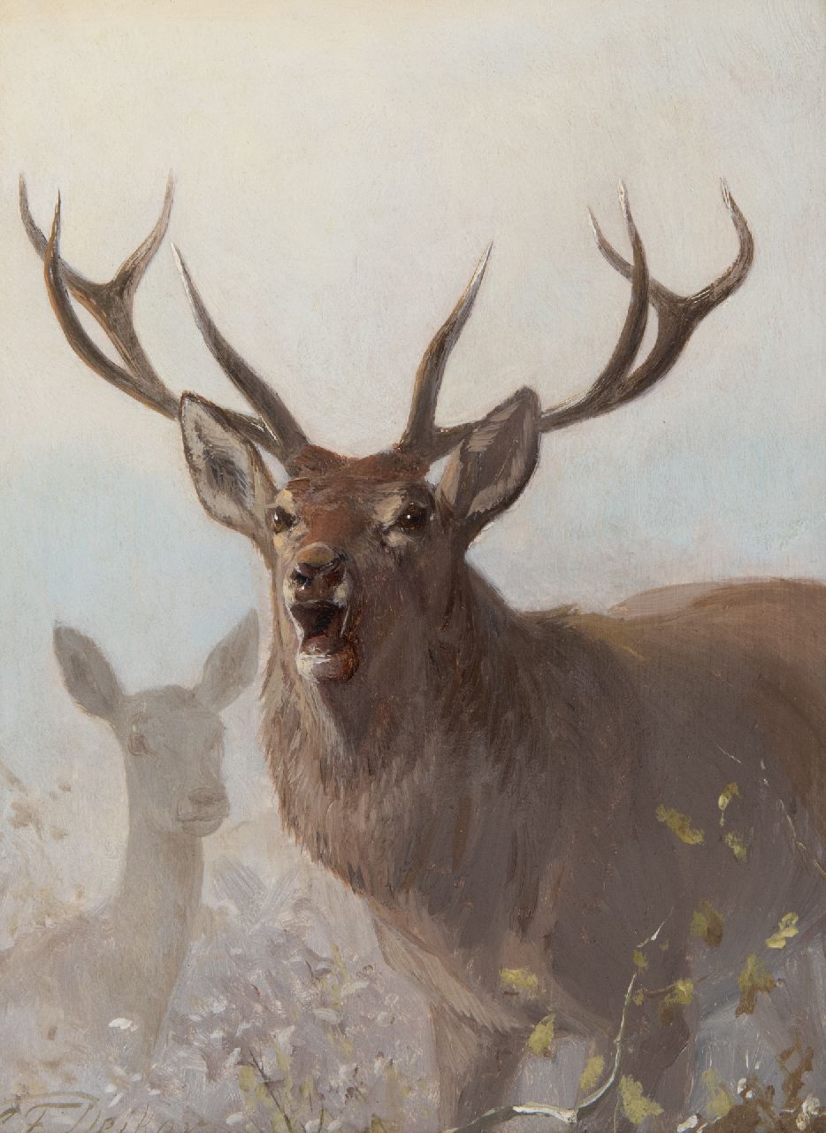 Deiker C.F.  | Carl Friedrich Deiker | Paintings offered for sale | Roaring stag, oil on panel 27.0 x 20.3 cm, signed l.l.