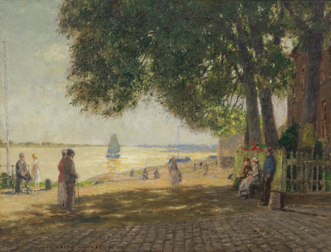 Hermanns H.  | Heinrich Hermanns | Paintings offered for sale | At the 'krantor' in Rees on the river Rhine, oil on canvas 35.4 x 46.3 cm, signed l.l. and dated '37