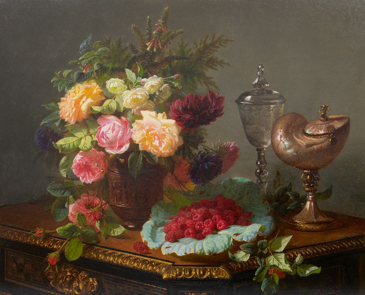 Robie J.B.  | Jean-Baptiste Robie, A still life with roses, fruits and a nautilus cup, oil on panel 63.0 x 77.8 cm, signed l.r.