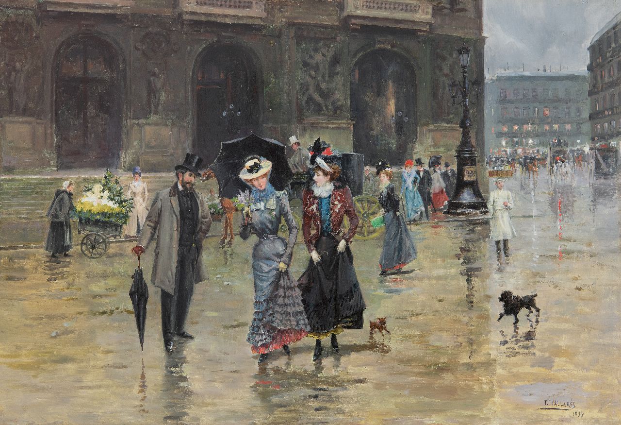 Pallarés y Allustante J.  | Joaquín Pallarés y Allustante | Paintings offered for sale | The Place de l'Opéra in Paris, oil on panel 37.6 x 55.1 cm, signed l.r. and dated 1899