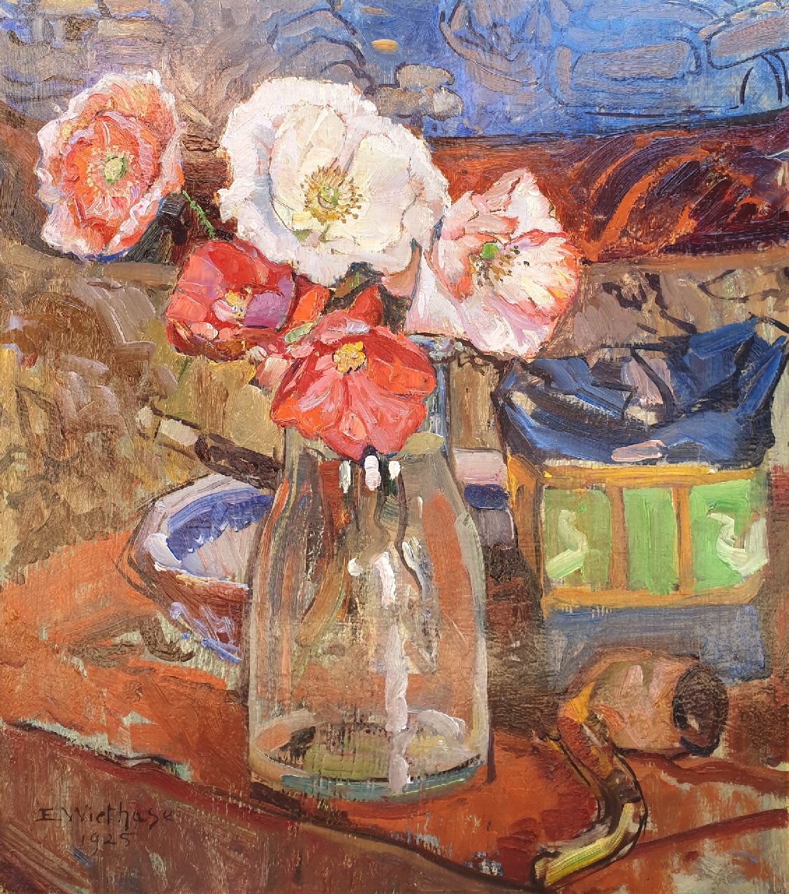 Wiethase E.  | Edgard Wiethase, Poppies in a vase, oil on panel 39.3 x 35.1 cm, signed l.l. and dated 1925