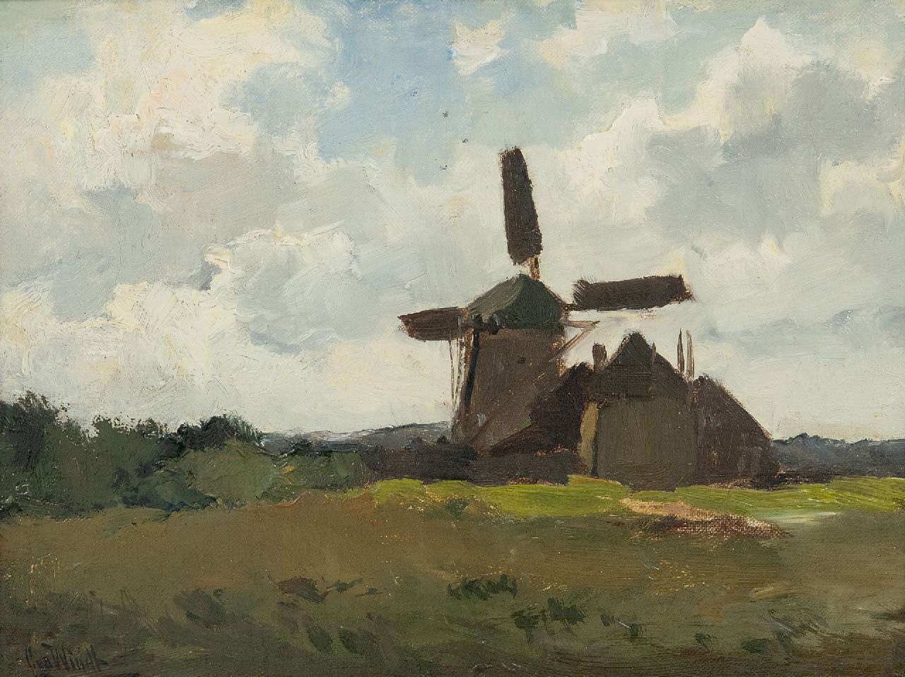 Windt Ch. van der | Christophe 'Chris' van der Windt, Landscape with a windmill, oil on canvas laid down on panel 22.3 x 28.2 cm, signed l.l.