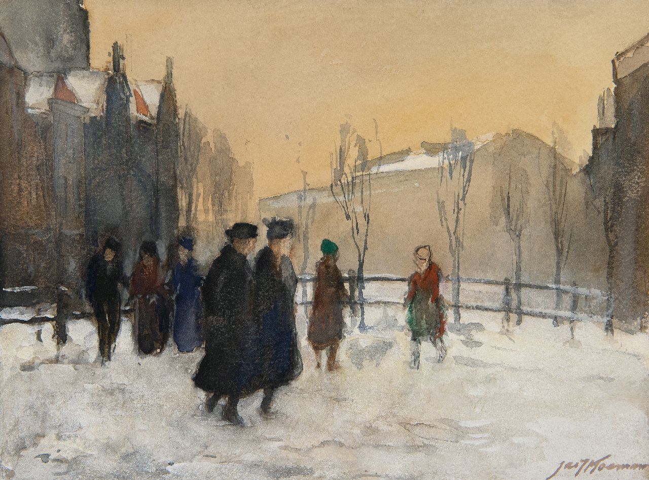 Koeman J.J.  | Jacobus Jan 'Jac. J.' Koeman, Figures in the snow, Amsterdam, watercolour on paper 19.2 x 25.4 cm, signed l.r.