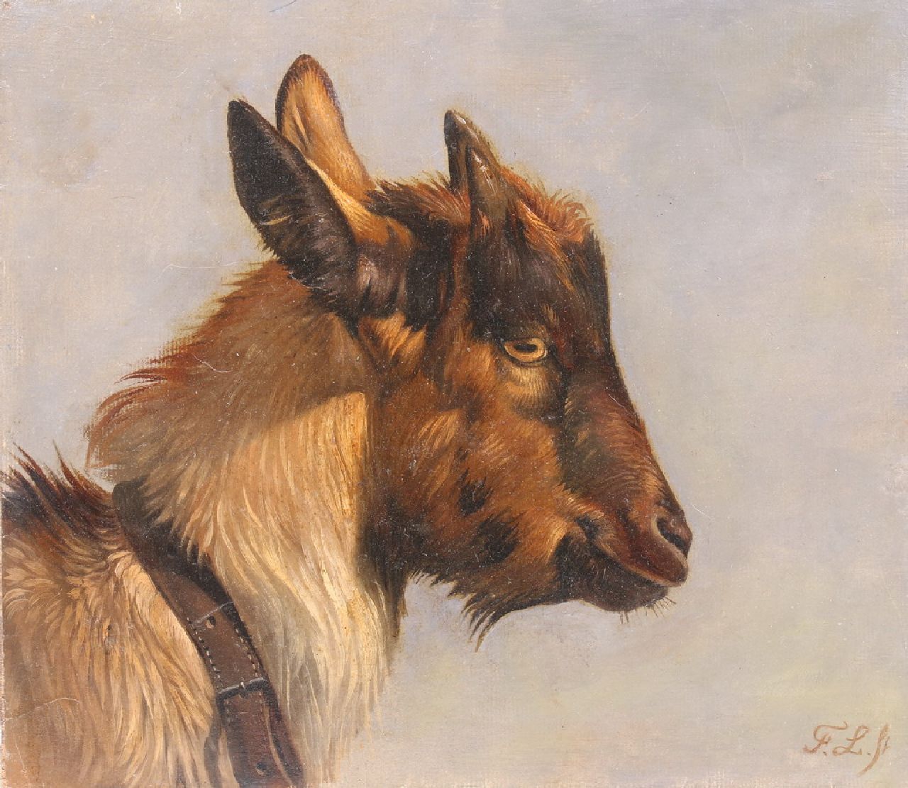 Lebret F.  | Frans Lebret | Paintings offered for sale | Head of a young goat, oil on paper laid down on panel 24.5 x 28.1 cm, signed l.r. with initials