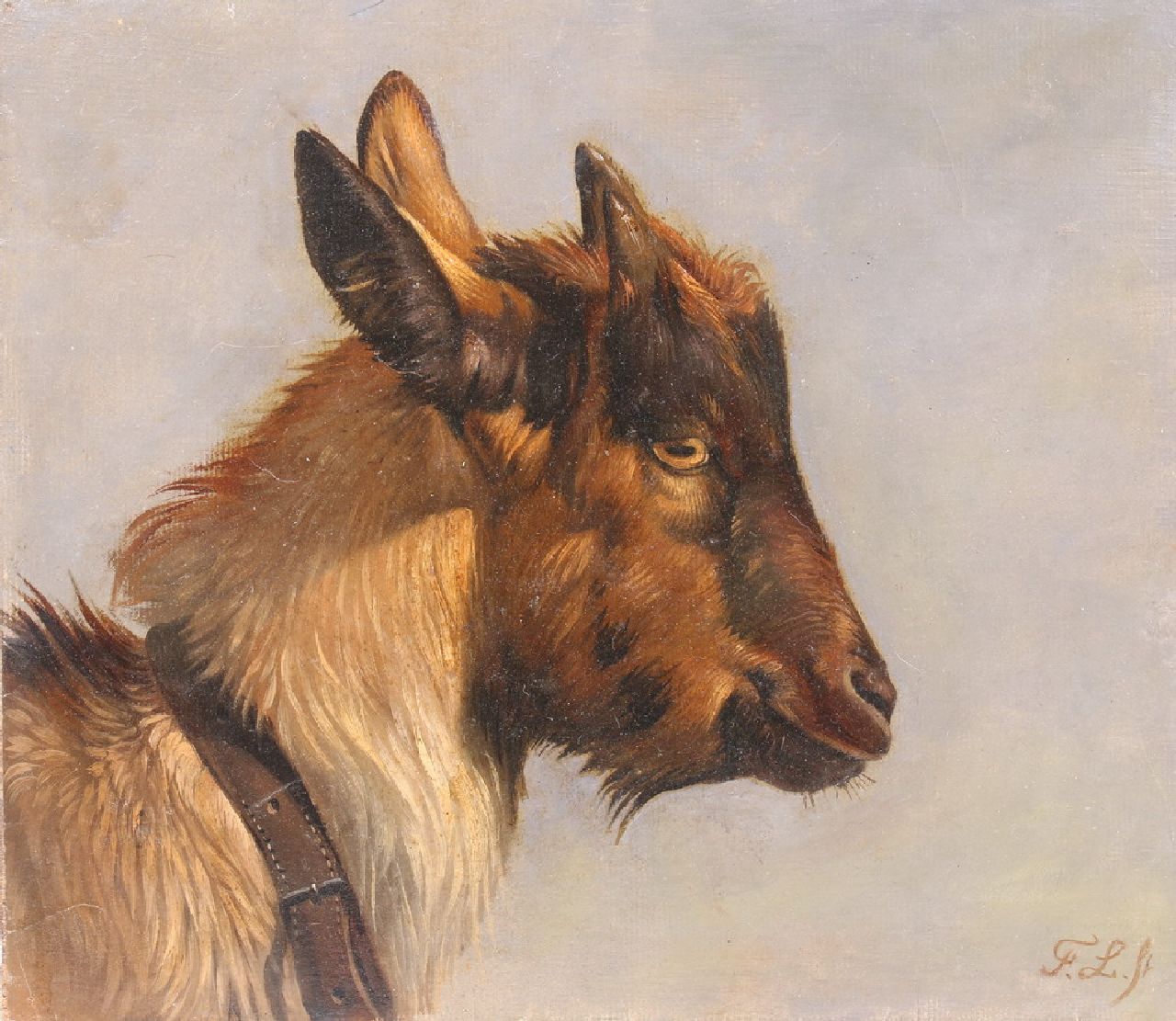 Lebret F.  | Frans Lebret | Paintings offered for sale | Head of a young goat, oil on paper laid down on panel 24.5 x 28.1 cm, signed l.r. with initials and without frame