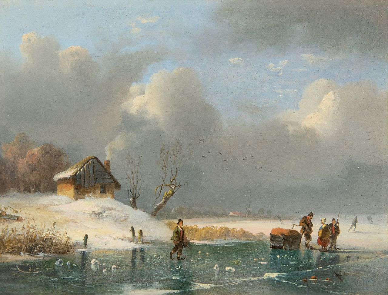 Sijpkens F.H.  | Ferdinand Hendrik Sijpkens, A frozen river with skaters and a sledge, oil on panel 19.3 x 25.3 cm