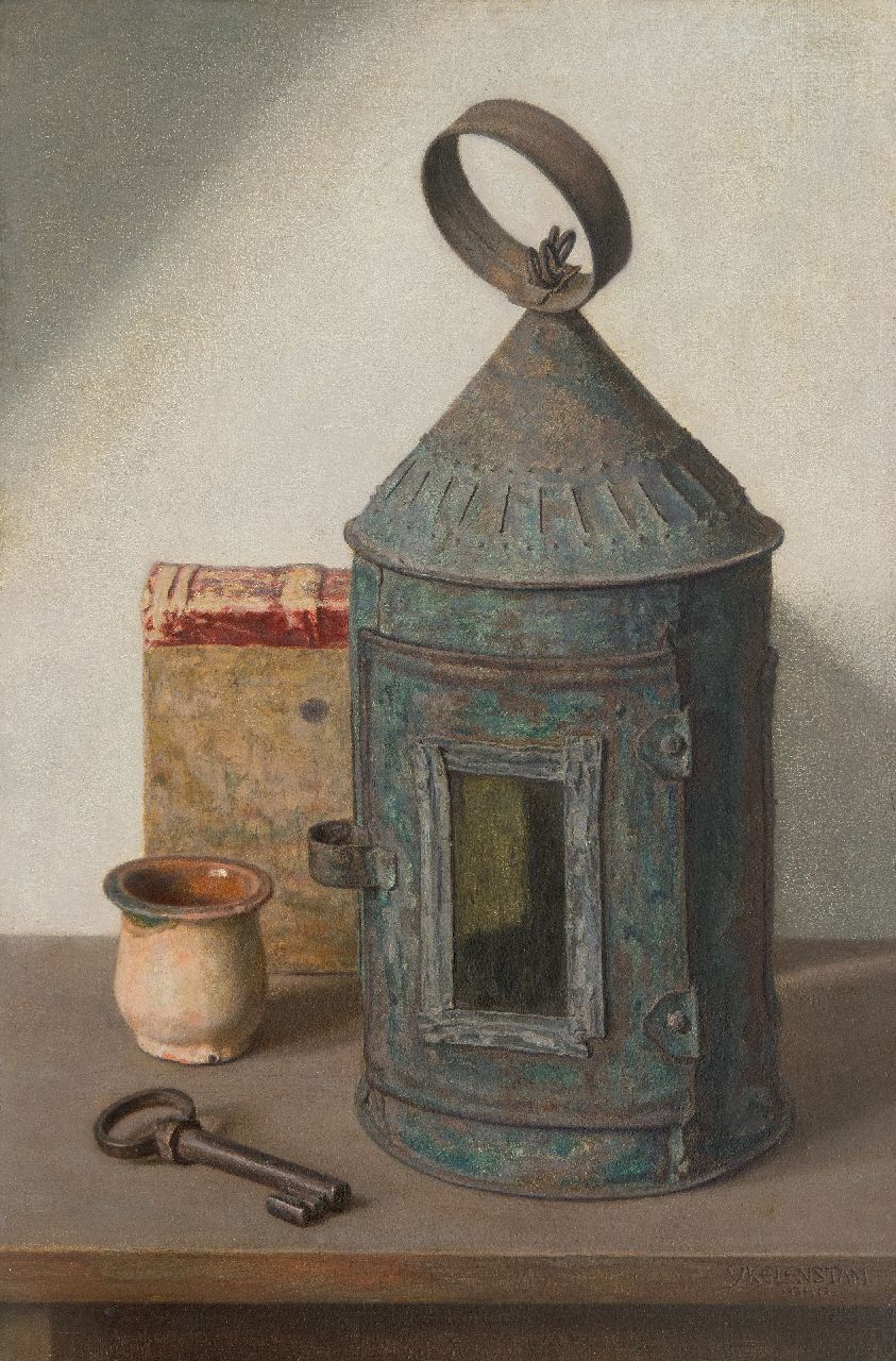 IJkelenstam H.  | Hendrikus IJkelenstam | Paintings offered for sale | Still life with a lantern, oil on panel 46.4 x 30.7 cm, signed l.r. and dated 1940