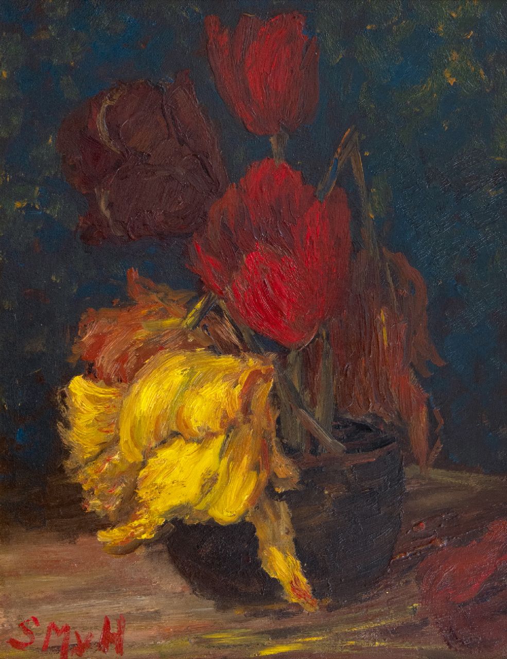 Mesdag-van Houten S.  | Sina 'Sientje' Mesdag-van Houten, Tulips in a vase, oil on panel 36.1 x 27.3 cm, signed l.l. with initials