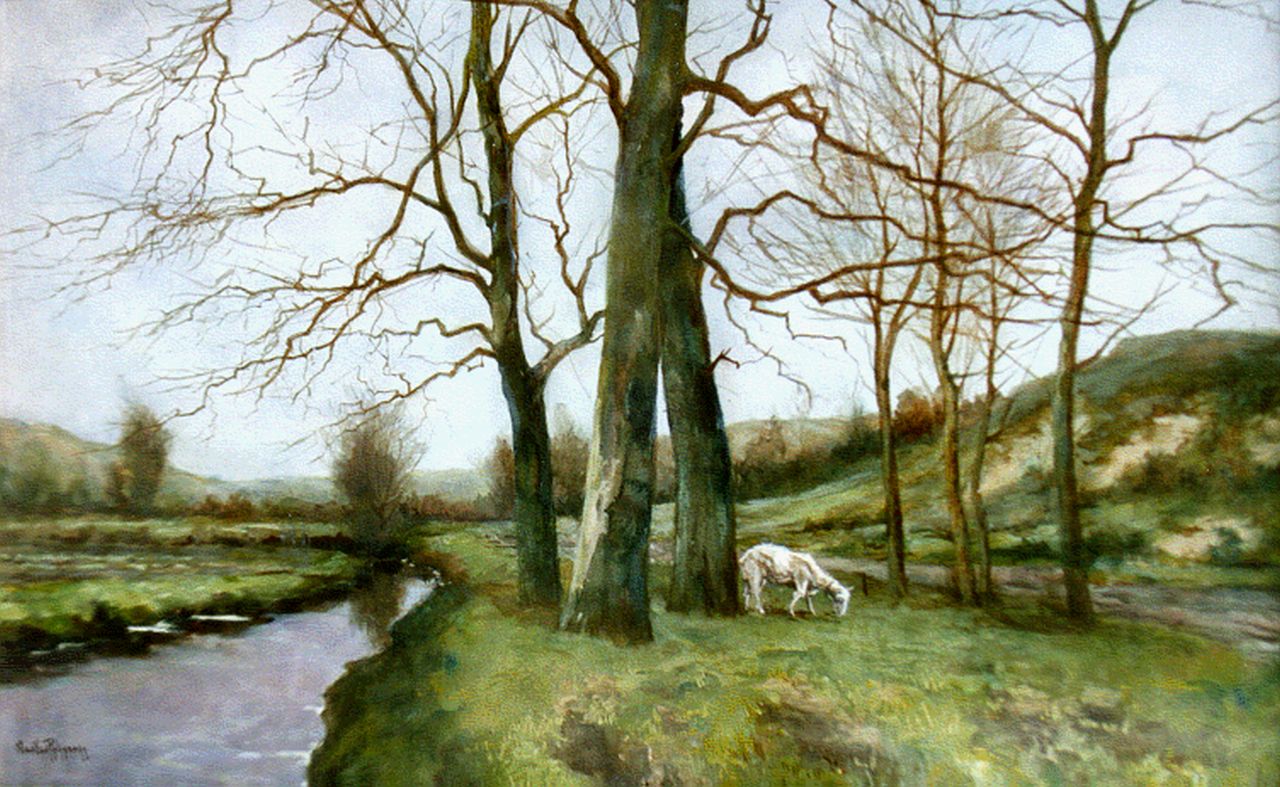 Rhijnnen J. van | Johannes 'Jan' van Rhijnnen, A landscape with goat, watercolour on paper 34.0 x 53.0 cm, signed l.l.
