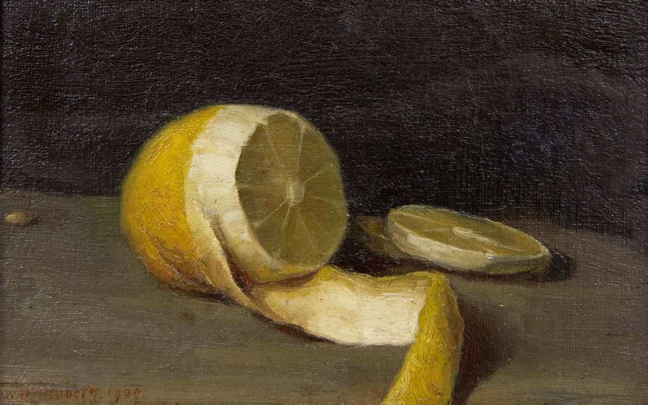 Wittenberg J.H.W.  | 'Jan' Hendrik Willem Wittenberg, Still life with a lemon, oil on canvas laid down on board 11.5 x 18.0 cm, signed l.l. and dated 1909