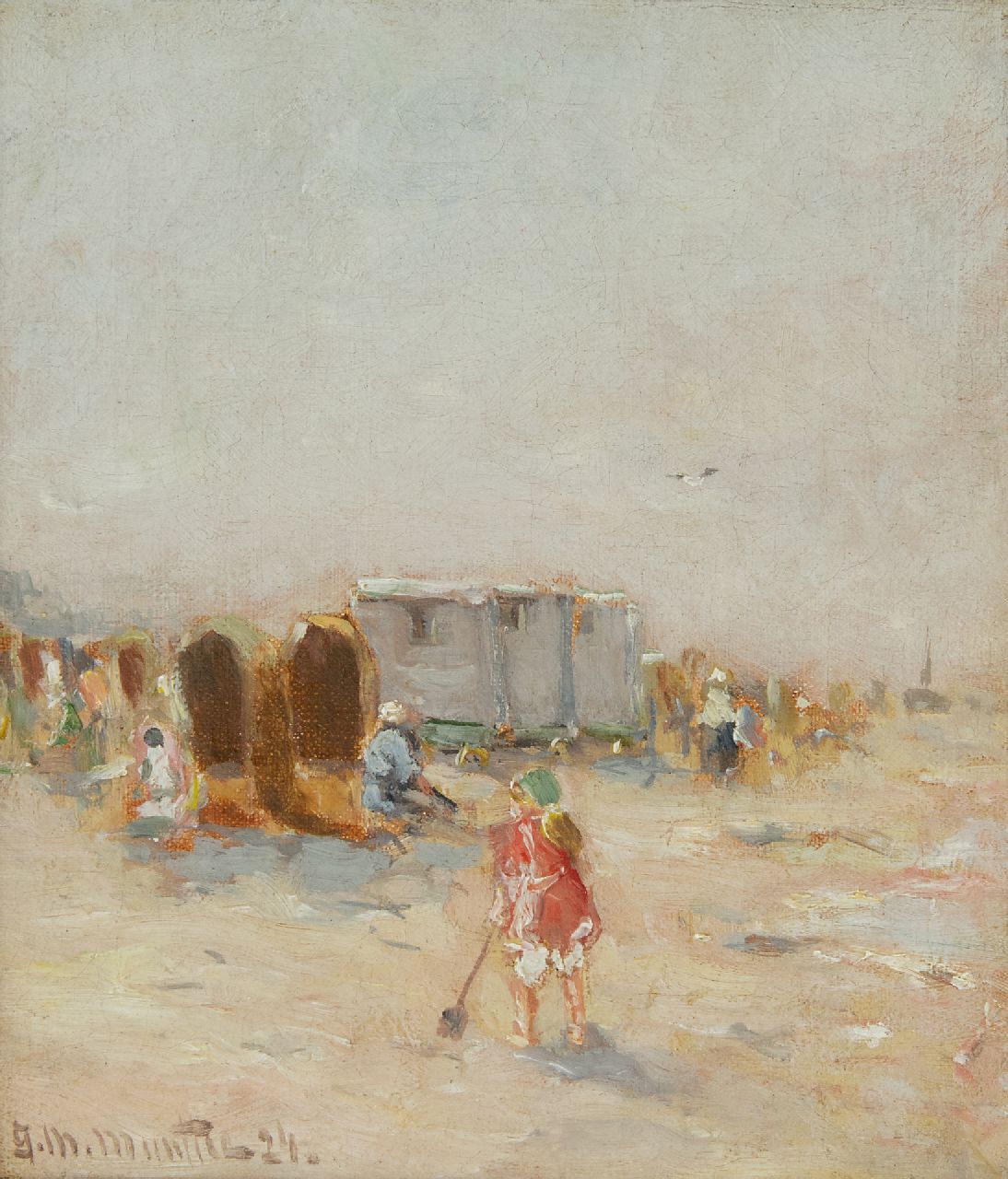 Munthe G.A.L.  | Gerhard Arij Ludwig 'Morgenstjerne' Munthe, Bathers and fisher folk on the beach, oil on canvas 22.6 x 19.5 cm, signed l.l. and dated '24