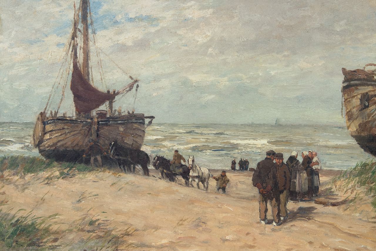 Hambüchen W.  | Wilhelm Hambüchen, Fishing barges and fisherfolk on the beach of Katwijk, oil on canvas 50.0 x 75.0 cm, signed l.l.