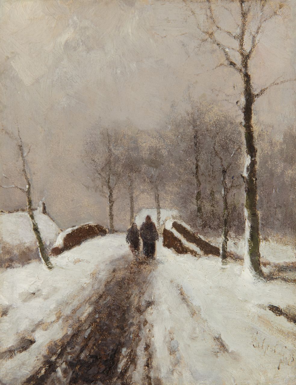 Apol L.F.H.  | Lodewijk Franciscus Hendrik 'Louis' Apol, Figures on a snowy path, oil on panel 19.0 x 14.9 cm, signed l.r. and dated '75